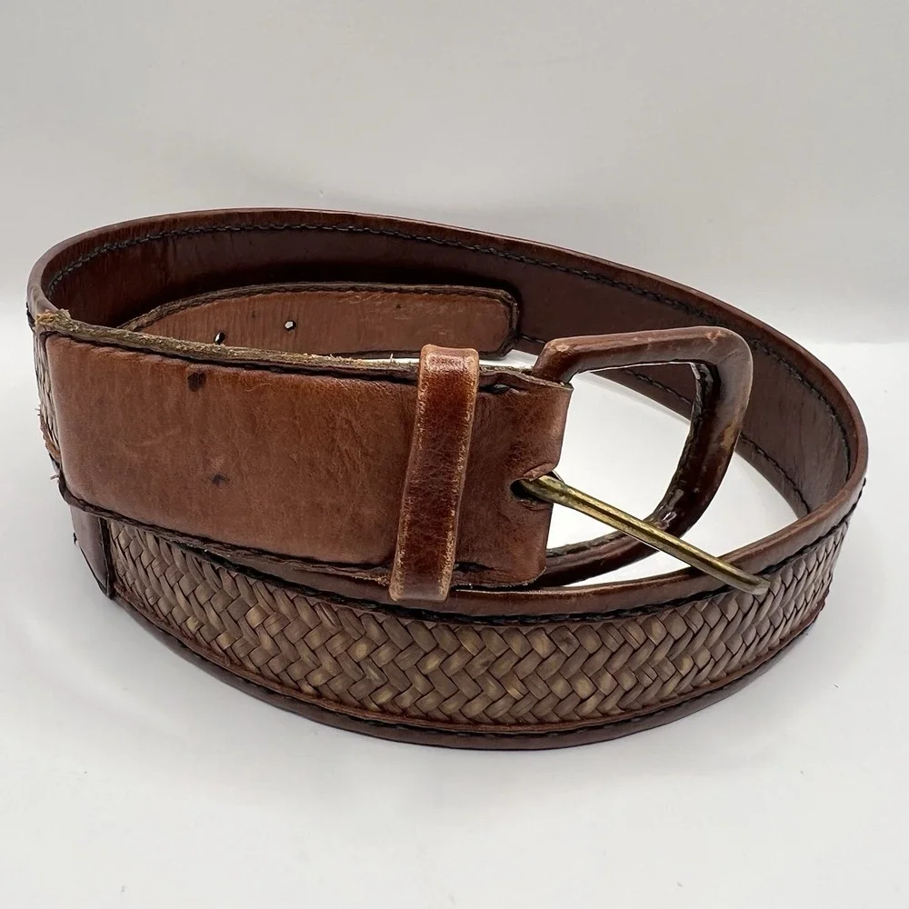 Leather Woven Rattan Belt Womens Large‎ 30-33 Brown Western Boho Festival